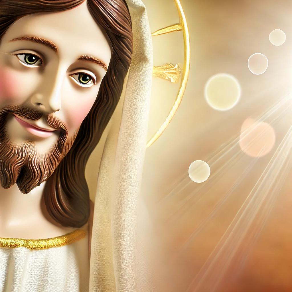 DALL·E 2024 11 15 21.10.30 A closeup image of Jesus Christ in His glory with a humble knowing smirk on His face. He is depicted with an unassuming appearance with features th